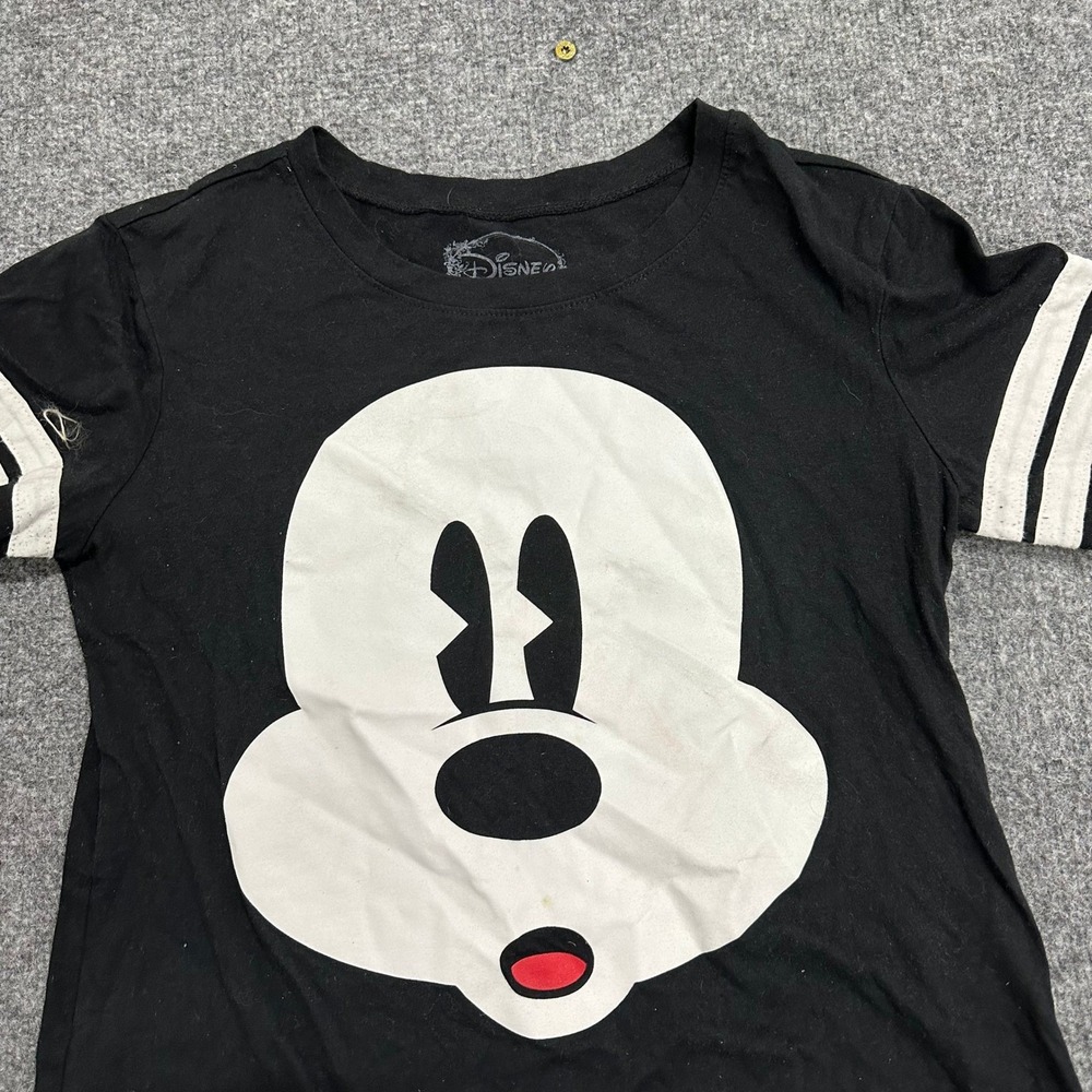 Disney T-Shirt Womens Size M Black Mickey Mouse Graphic Striped Sleeve Casual